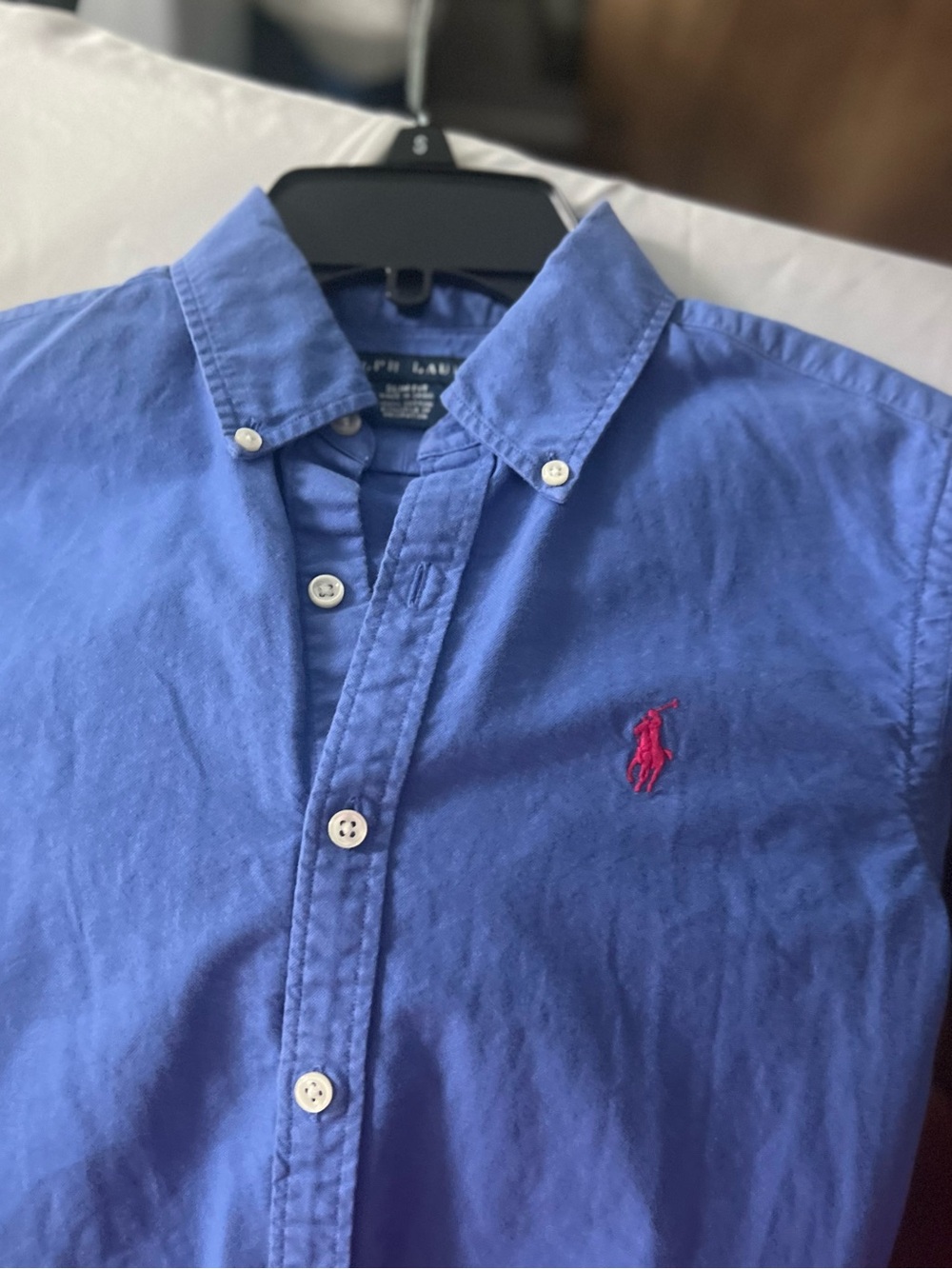Ralph Lauren woman’s size 4 Button-Down Shirt - Periwinkle Blue with Pink Logo